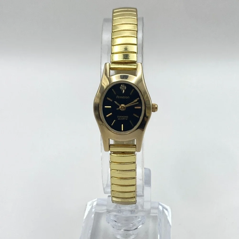 Vintage Armitron Women's Watch Gold Tone Diamond Stretch Band New Battery 6.75